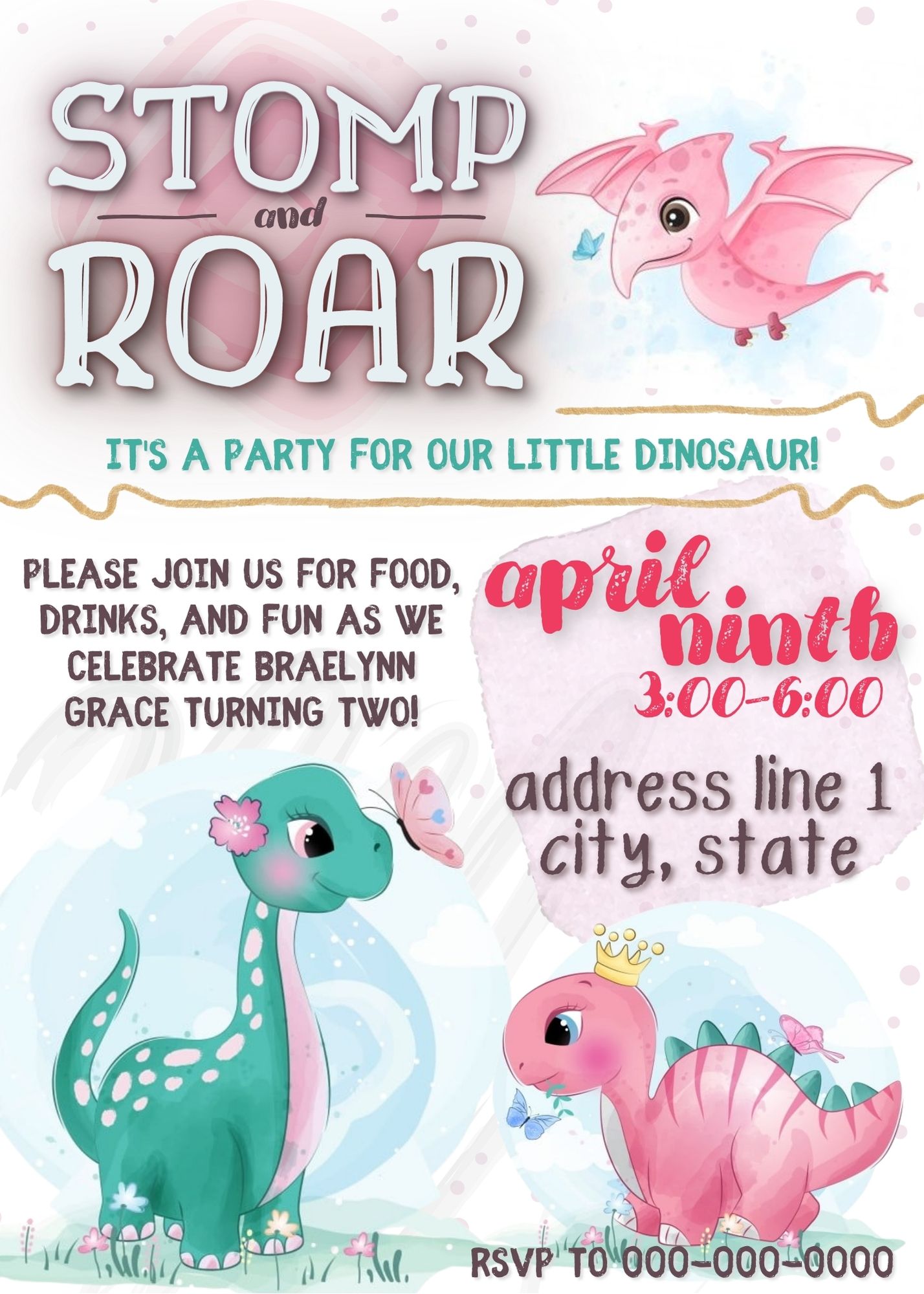 happy birthday dinosaur girl party invitation